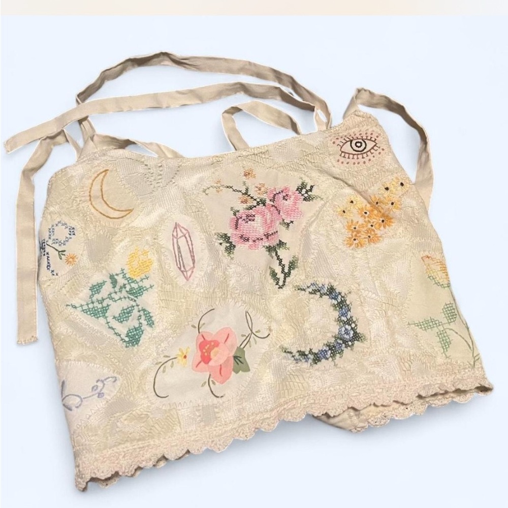 Embroidered Crop Top with Floral and Celestial Designs